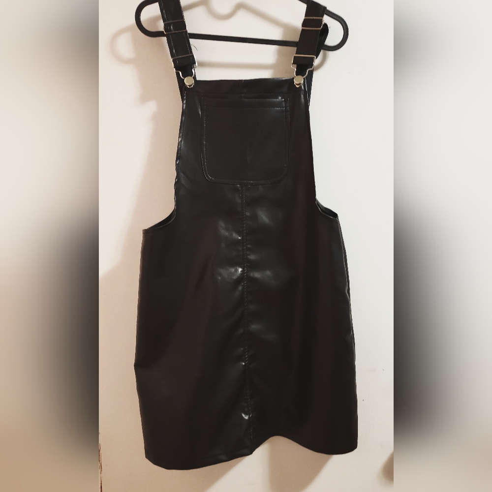 SHEIN Black Faux Leather Overall Dress